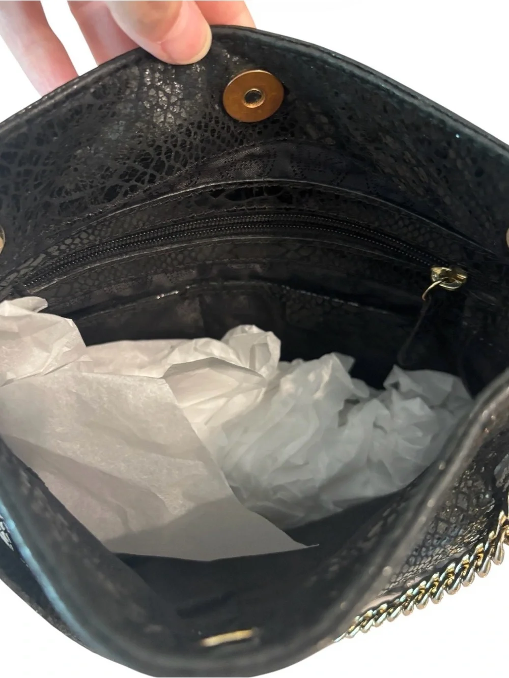 Michael Kors Black Snake-Texture Tote Bag with Gold Chain Handles